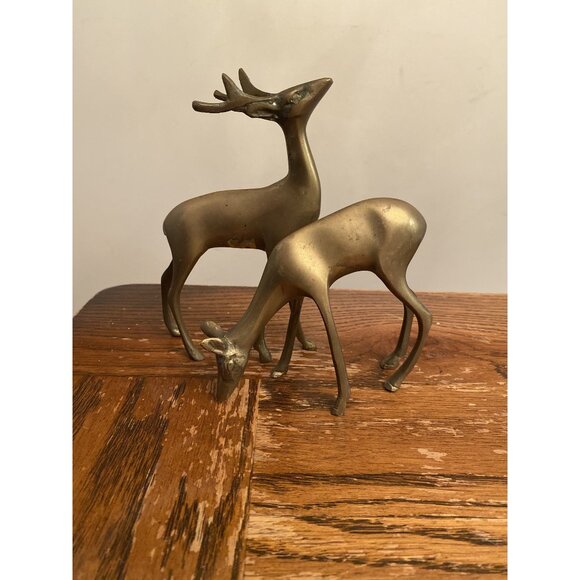 Vintage Brass Deer Figurines Set Of 2 Grazing & Standing - Picture 1 of 8